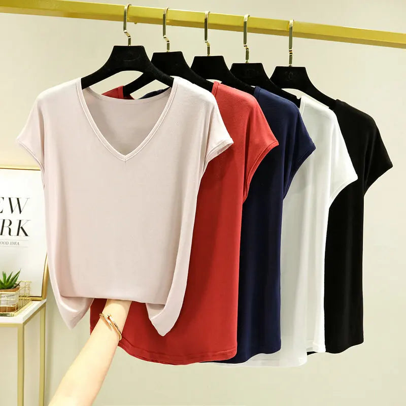 Modisches Modal-T-Shirt mit V-Ausschnitt, schmale Passform, Sommer NOOR08