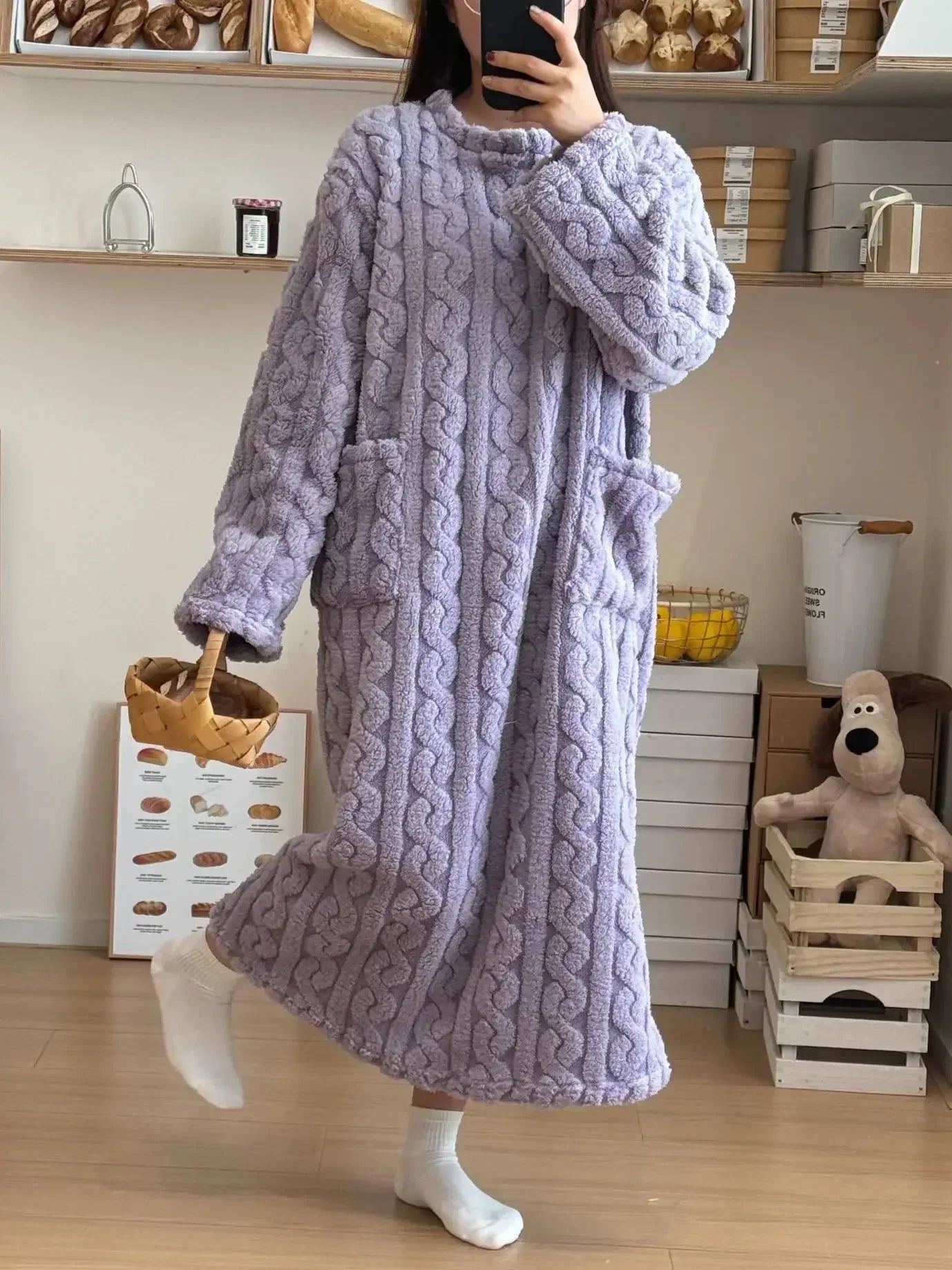 Langer Flanell-Nachtmantel für Damen, Jacquard, warm NOOR08