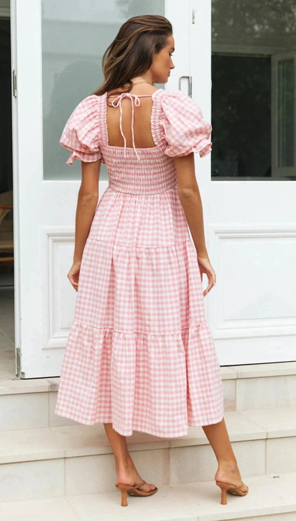Damen Sommerkleid, kurzes Puffärmel, eckiger Kragen, kariert NOOR08
