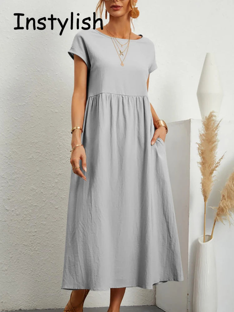 Elegantes Maxi-Kleid aus Leinen-Baumwolle, kurze Ärmel NOOR08