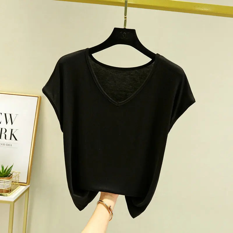 Modisches Modal-T-Shirt mit V-Ausschnitt, schmale Passform, Sommer NOOR08