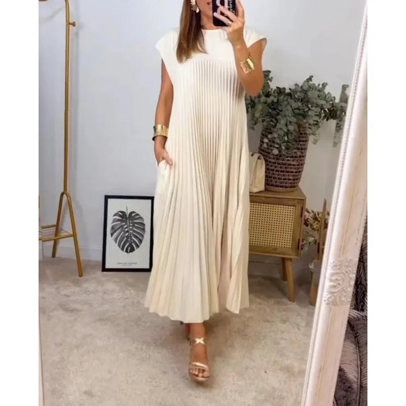 Elegantes O-Ausschnitt Sommer-Maxikleid, kurze Ärmel, lässig NOOR08