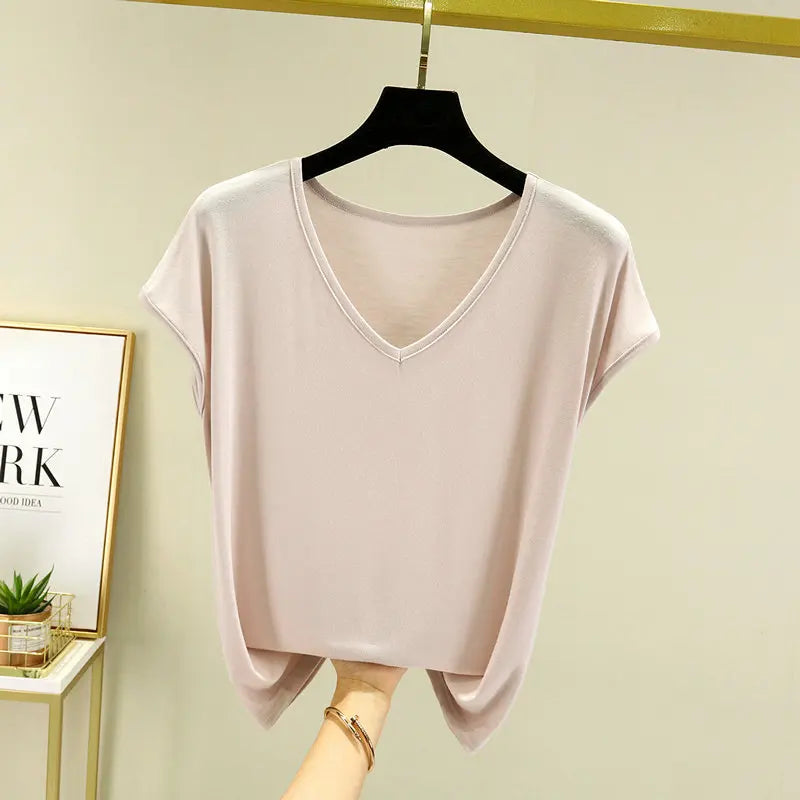 Modisches Modal-T-Shirt mit V-Ausschnitt, schmale Passform, Sommer NOOR08