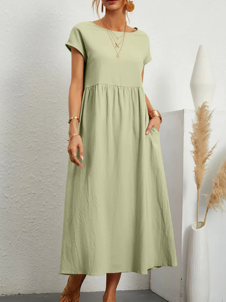 Elegantes Maxi-Kleid aus Leinen-Baumwolle, kurze Ärmel NOOR08