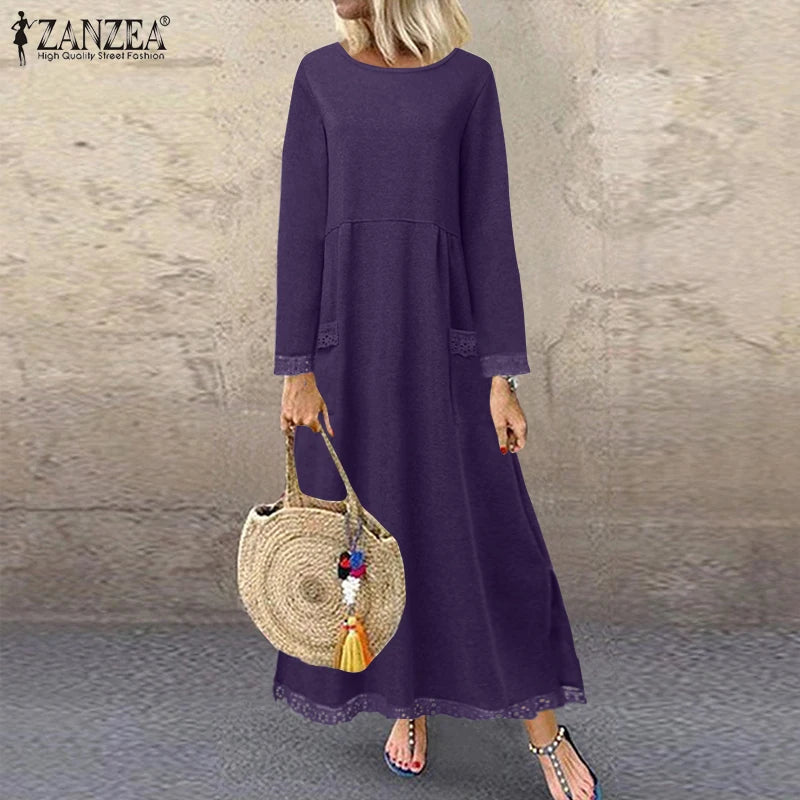 ZANZEA 2025 Herbst Sweatshirt-Kleid mit Spitze, O-Ausschnitt NOOR08