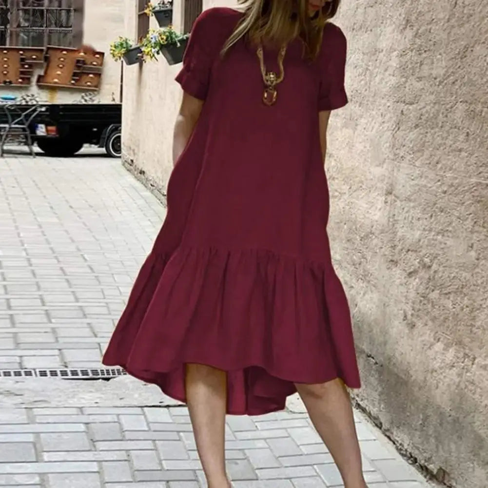 Einfarbiges Damen-Sommerkleid, A-Linie, Knielang mit Rüschensaum NOOR08