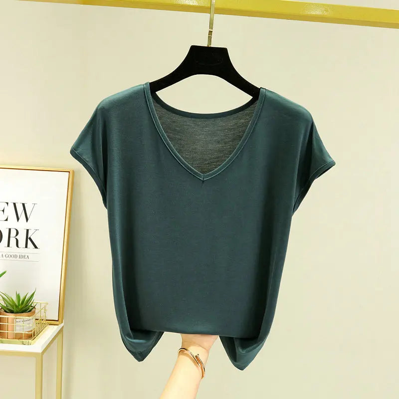 Modisches Modal-T-Shirt mit V-Ausschnitt, schmale Passform, Sommer NOOR08