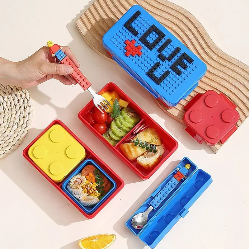 Bunte Baustein Besteck-Set – Tragbare Gabel & Löffel | Auslaufsicherer Kinder-Essensbehälter für Schule & Salat NOOR08