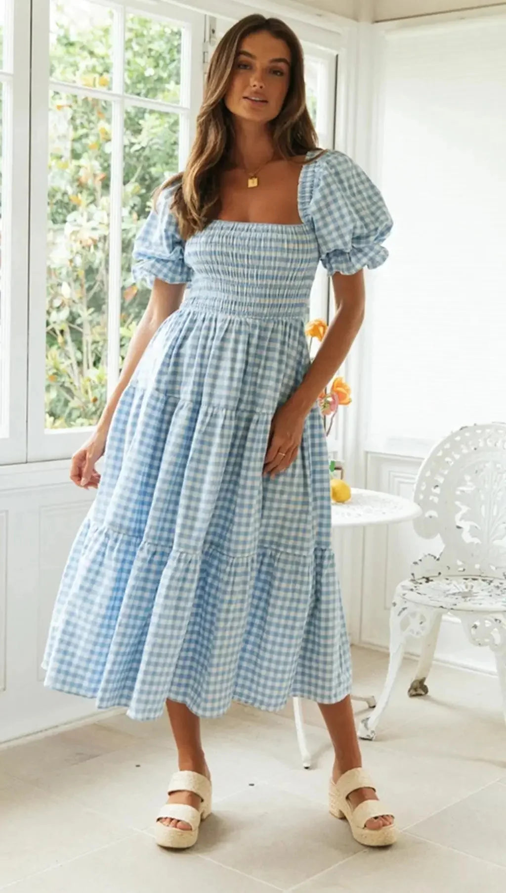 Damen Sommerkleid, kurzes Puffärmel, eckiger Kragen, kariert NOOR08