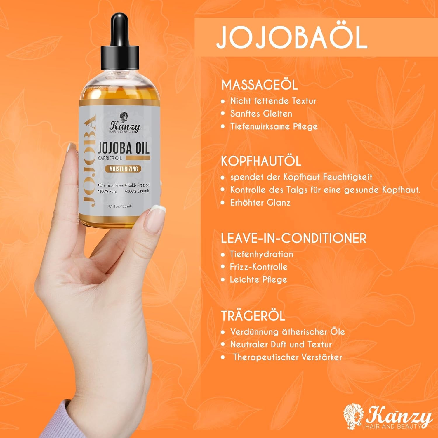 Kanzy Jojobaöl Bio Kaltgepresst 100% Reines Gold, 120Ml Für Haut, Haare Und Nägel, Gesichtsöl Und Körperöl, Vegan & Hexanfrei, Bio Jojobaöl, Anti-Falten, Natürliche Intensiv Feuchtigkeitspflege