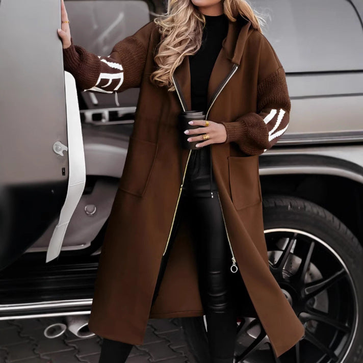 Langer Damen Windbreaker mit Strickärmeln | Stylische Übergangsjacke mit Kapuze NOOR08