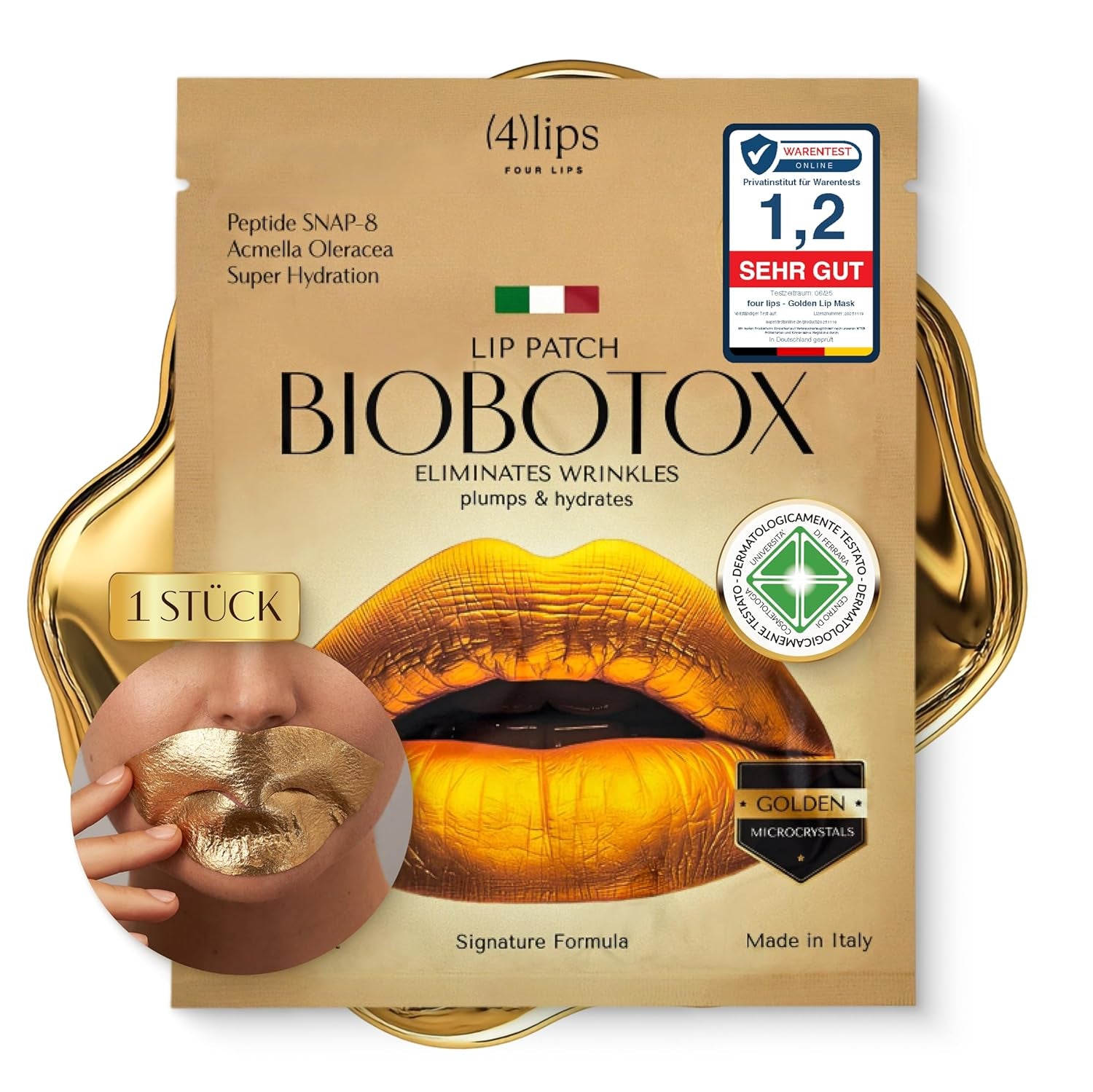 BIOBOTOX Goldene Lippenmaske Mit Mikrokristallen | Lippenpflege Mit Sofortiger Aufpolsterung, Anhebung, Hydratisierung & Faltenglättung | SNAP-8 Peptid & Acmella Oleracea | Made in Italy | 1 Stk.