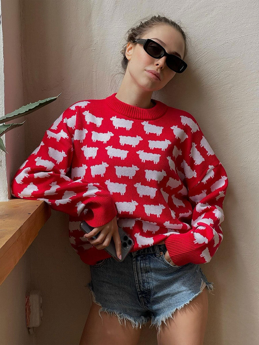Damen Rundhals Pullover – Lockerer Sweater mit Alpaka-Print NOOR08