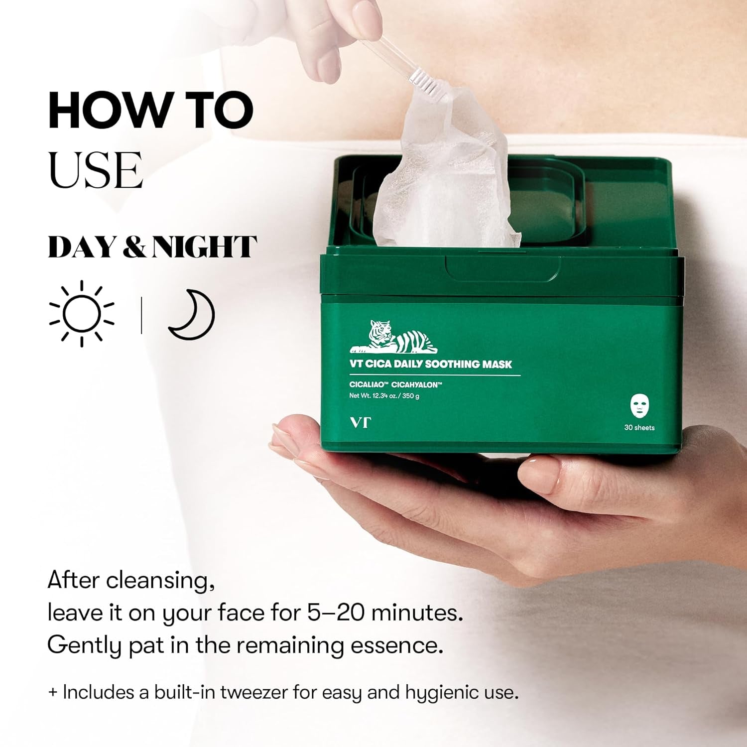 VT COSMETICS CICA Tägliche Beruhigende Maske 30 Stück, Centella Asiatica & Hyaluronsäure Für Pflege & Hydratation, Sofortige Beruhigung & Strahlen, Hautgeschmeidigkeits-Gesichtsmaske
