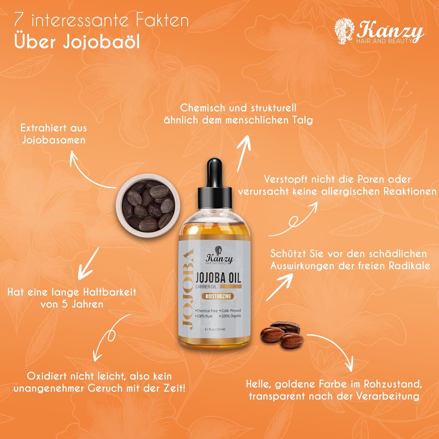 Kanzy Jojobaöl Bio Kaltgepresst 100% Reines Gold, 120Ml Für Haut, Haare Und Nägel, Gesichtsöl Und Körperöl, Vegan & Hexanfrei, Bio Jojobaöl, Anti-Falten, Natürliche Intensiv Feuchtigkeitspflege