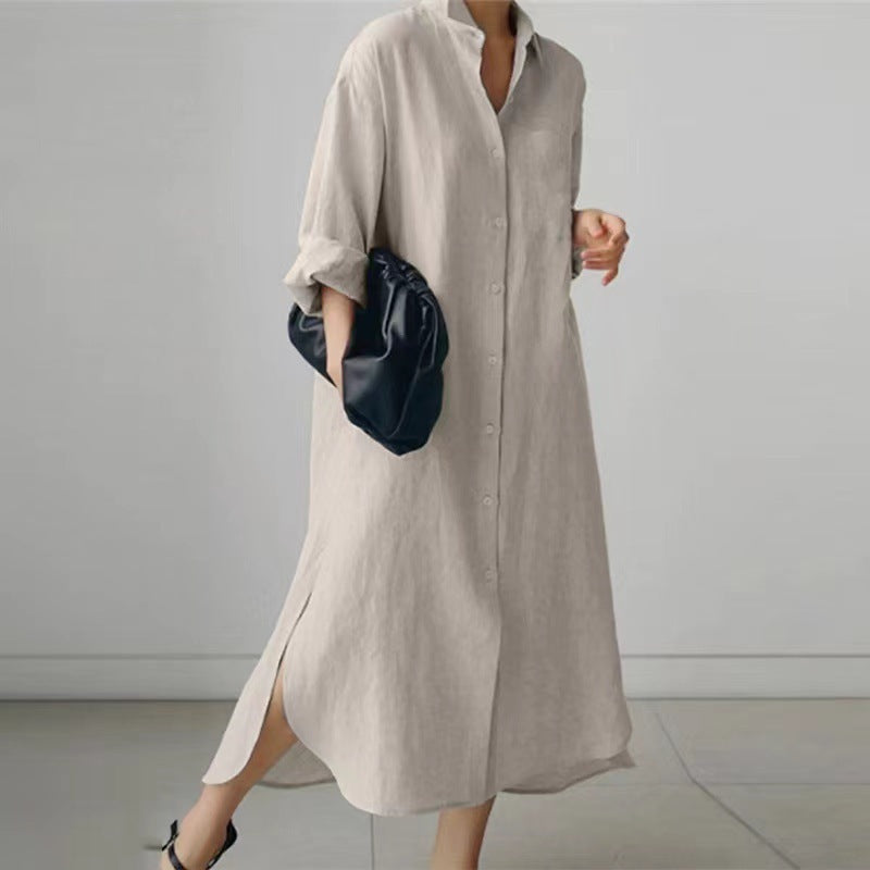 Schlitz-Hemdkleid für Damen | Langes Kleid mit Langarm-Cardigan NOOR08