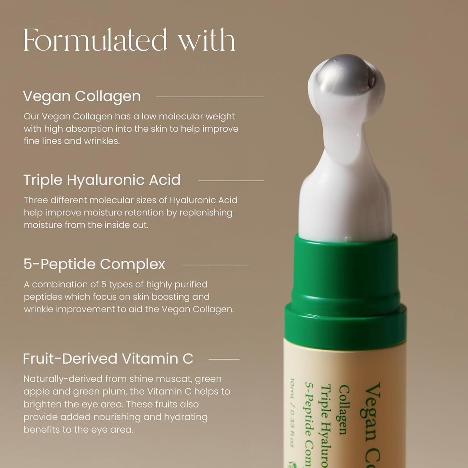 Vegan Collagen Eye Serum with Triple Hyaluronic Acid & 5-Peptide Complex | Anti-Aging, Fine Line Reduction, Brightening | Vegan & Cruelty-Free Korean Skin Care | 10Ml / 0.33 Fl. Oz.