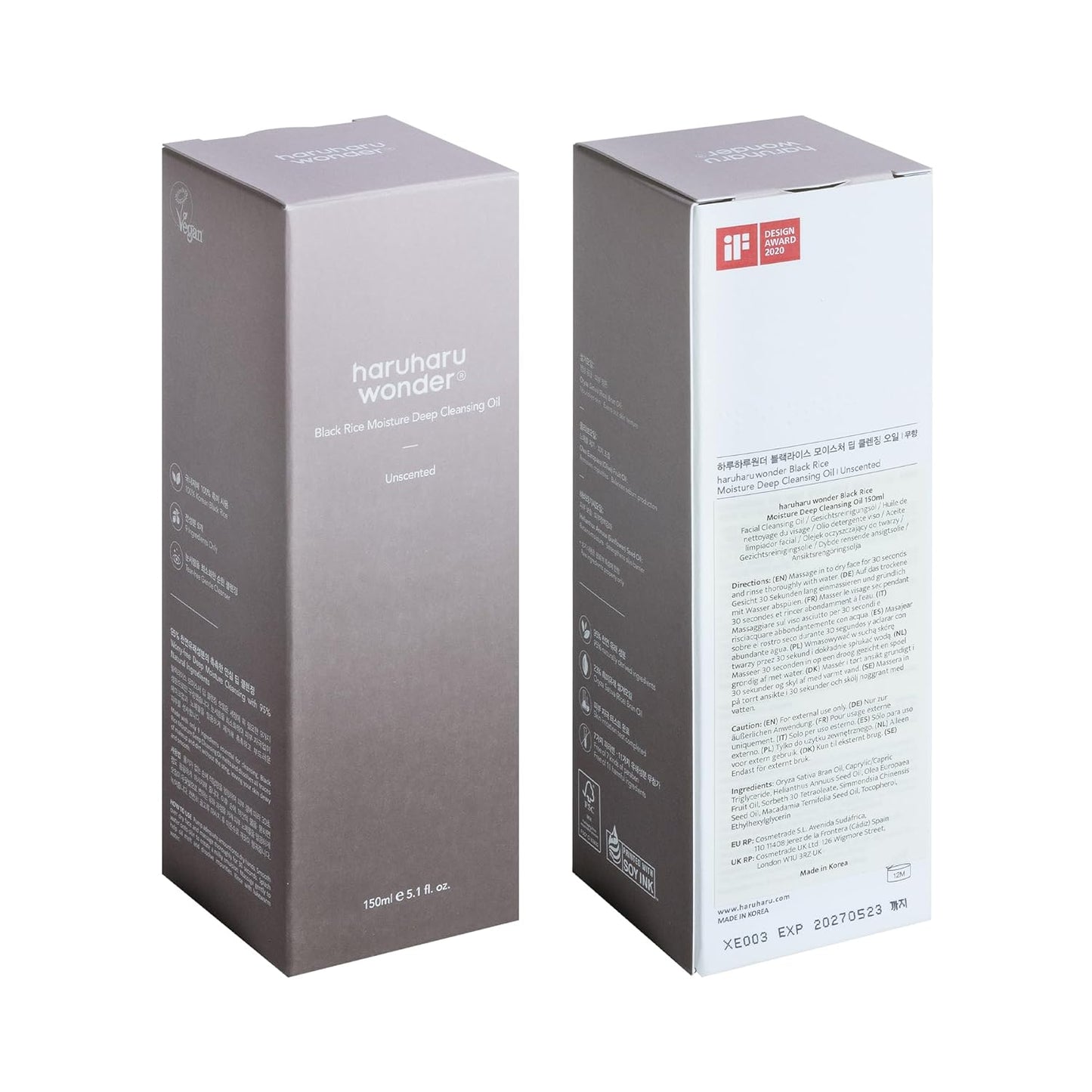Haruharu Wonder Black Reis Feuchtigkeits-Tiefenreinigungsöl 5.1 Fl.Oz / 150Ml | Koreanischer Gesichtsreiniger, Make-Up-Entferner | Vegan, Tierversuchsfrei | Jojobasamenöl, Macadamiasamenöl