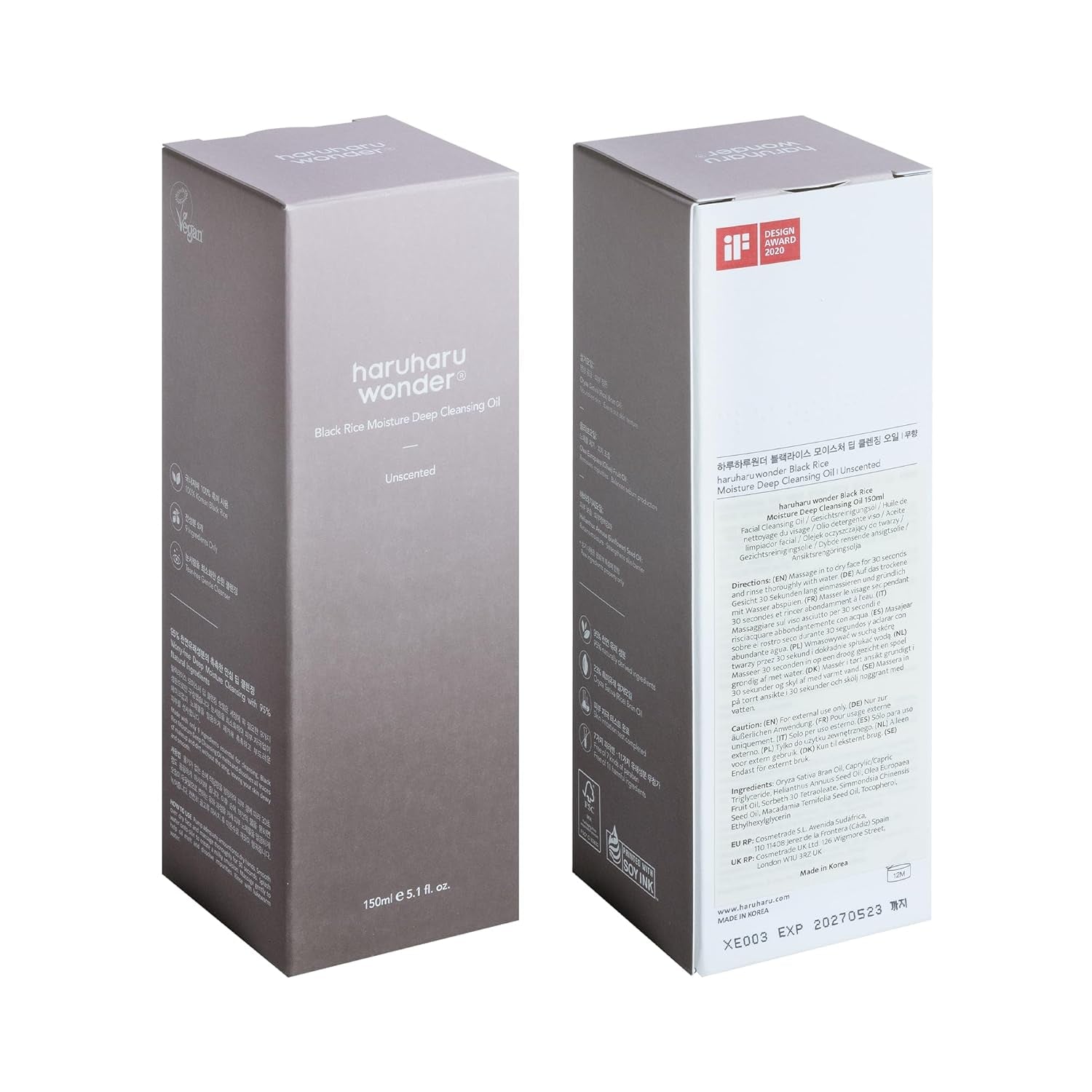 Haruharu Wonder Black Reis Feuchtigkeits-Tiefenreinigungsöl 5.1 Fl.Oz / 150Ml | Koreanischer Gesichtsreiniger, Make-Up-Entferner | Vegan, Tierversuchsfrei | Jojobasamenöl, Macadamiasamenöl