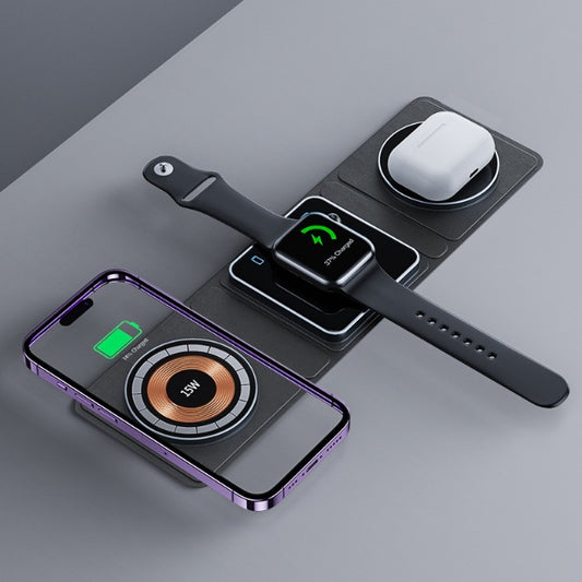 Dieses 3-in-1 kabellose Ladegerät lädt iPhone, Apple Watch und AirPods gleichzeitig auf. Das faltbare Design ist ideal für unterwegs, während das transparente Design und die Schnellladefunktion Stil und Effizienz vereinen