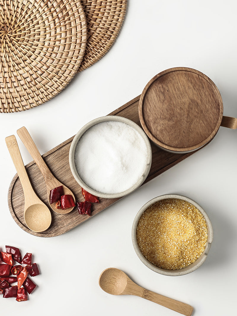 Elegant Kitchen Seasoning Jars: Ceramic Pots, Acacia Wood Tray & Covers