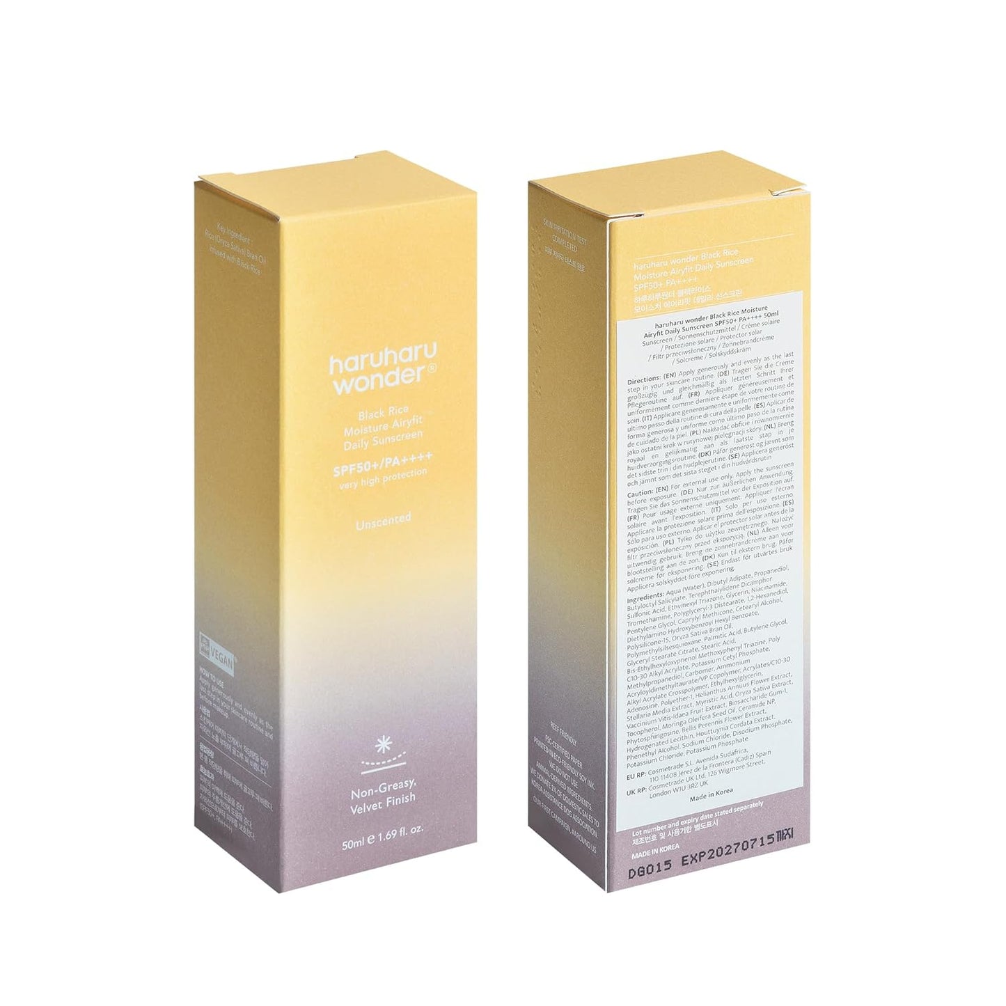 Haruharu Wonder Black Rice Moisture Airyfit Daily Sunscreen, Nicht Fettendes Velvet Finish, Kein Weißer Abdruck 50Ml