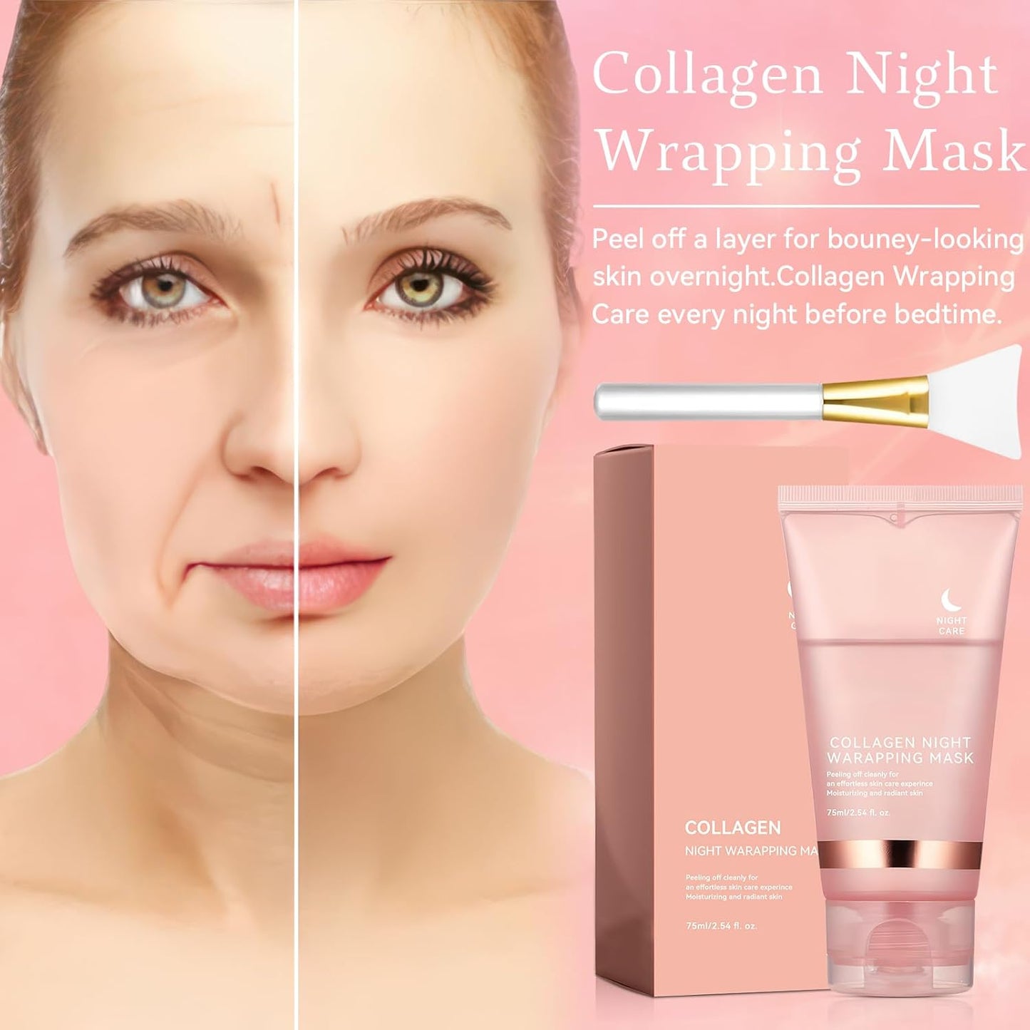 Collagen Maske,Collagen Night Wrapping Mask Bio Gesichtsmaske Über Nacht Peel-Off Maske Zur Hautpflege Und Hydratation, Nachtmaske Für Elastische & Strahlende Haut, Inkl. Pinsel (1 Stück)