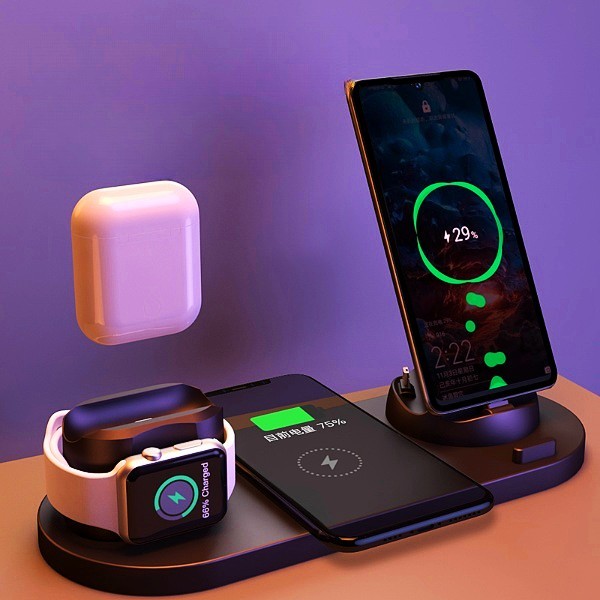 Diese 6-in-1 kabellose Ladestation ermöglicht schnelles gleichzeitiges Aufladen mehrerer Geräte, einschließlich iPhone und Apple Watch. Das schlanke und effiziente Design sorgt für einen aufgeräumten Schreibtisch.