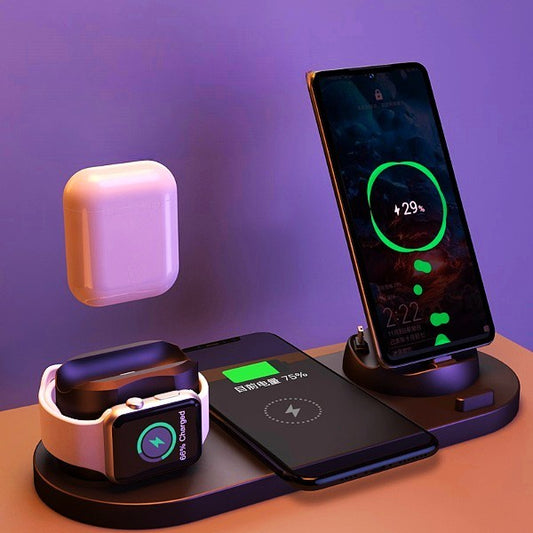 Diese 6-in-1 kabellose Ladestation ermöglicht schnelles gleichzeitiges Aufladen mehrerer Geräte, einschließlich iPhone und Apple Watch. Das schlanke und effiziente Design sorgt für einen aufgeräumten Schreibtisch.